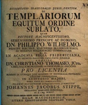 Dissertatio Inauguralis Juris Gentium, De Templariorum Equitum Ordine Sublato