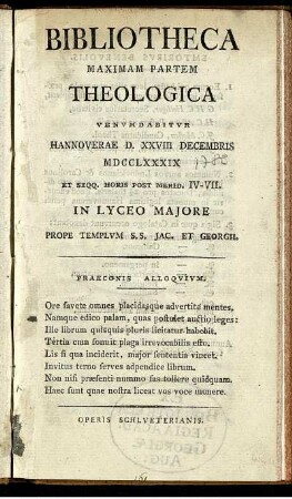 Bibliotheca Maximam Partem Theologica Venumdabitur Hannoverae D. XXVIII Decembris MDCCLXXXIX ... In Lyceo Maiore ...