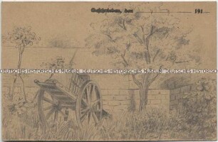 Bauernhof mit Leiterwagen, handgezeichnete Postkarte von der französischen Front