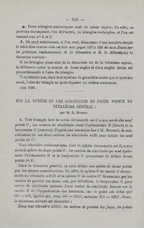 SUR LA SPHÈRE ET LES QUADRIQUES DE DOUZE POINTS DU TÉTRAÈDRE GÈNÉRAL.
