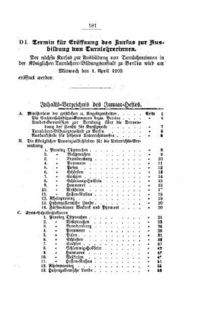 Inhalts-Verzeichnis des Januar-Heftes