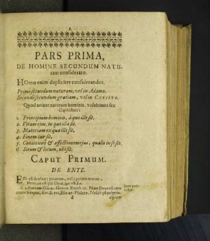 Pars Prima, De Homine Secundum Naturam considerato.