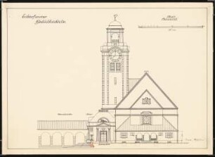 Gedächtniskirche mit Gedenkhalle Schinkelwettbewerb 1920: Ostansicht der Kirche mit Gedenkhalle 1:100