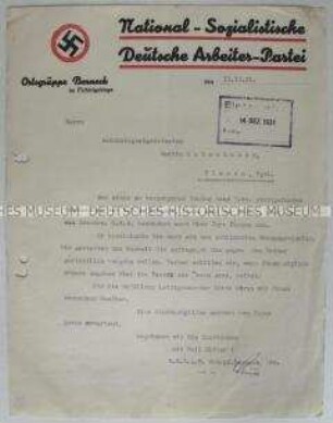 Schreiben der NSDAP-Ortsgruppe Berneck an Mutschmann zur Denunziation eines Redners auf einer SPD-Veranstaltung