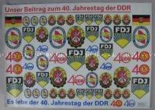 Ausschneidebogen mit Emblemen von DDR-Organisationen "Unser Beitrag zum 40. Jahrestag der DDR"
