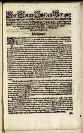 Von Gottes Gnaden Hedwig Sophia/ Geborne auß Churfürstl. Stamm der Marggraffen zu Brandenburg ... : Lieber Getrewer/ Damit Wir wissen und vernehmen mögen/ wie und welchergestalt in diesem nunmehr zu End nahendem 1674ten Jahr deme Euch in Gnaden anvertraweten Ampt der Gebühr vorgestanden/ und deßwegen klare und richtige Rechnung geben könnet ... ; Cassel den tag Decemb. 1674.