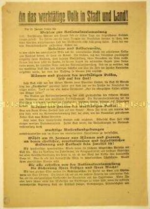 Programmatischer Wahlaufruf der Unabhängigen Sozialdemokratischen Partei Deutschlands an die werktätige Landbevölkerung anlässlich der Wahlen zur Nationalversammlung Januar 1919