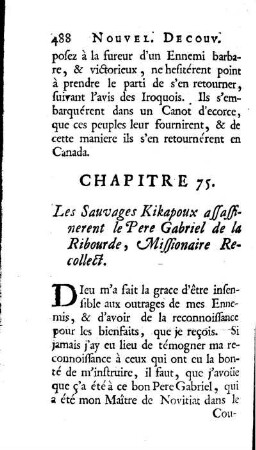 Les Sauvages Kikapoux assassinent le Pere Gabriel de la Ribourde, Missionaire Recollect.