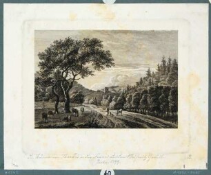 Blick aus dem Süden durch das Weißeritztal auf die Tharandter Burgruine, aus: Becker, Der Plauische Grund, 1799; Zustand vor der Schrift