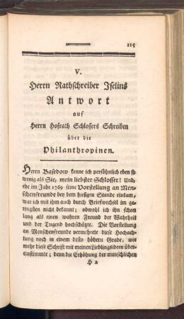 V. Herrn Rathschreiber Iselins Antwort auf Herrn Hofrath Schlossers Schreiben über die Philanthropinen