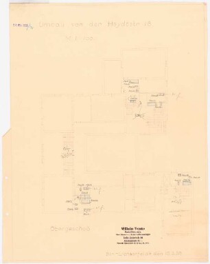 Villa von der Heydt, Berlin-Tiergarten Umbau: Grundriss Obergeschoss mit Einzeichnung der Sanitäranlagen 1:100