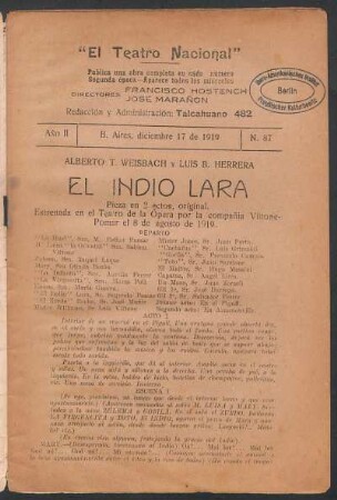 1919008700: El indio Lara : pieza en dos actos