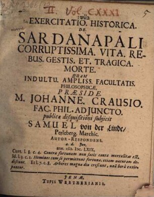 Exercitatio. Historica. De. Sardanapali. Corruptissima. Vita. Rebus. Gestis. Et. Tragica. Morte