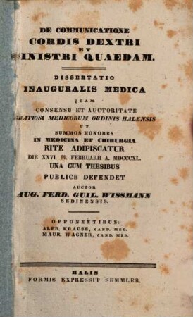 De communicatione cordis dextri et sinistri quaedam : dissertatio inauguralis medica