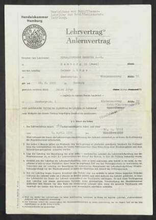 Lehrvertrag Anlernvertrag zwischen dem Lehrbetrieb Howaldtswerke Hamburg A.-G. und dem Lehrling Heiner Lütge