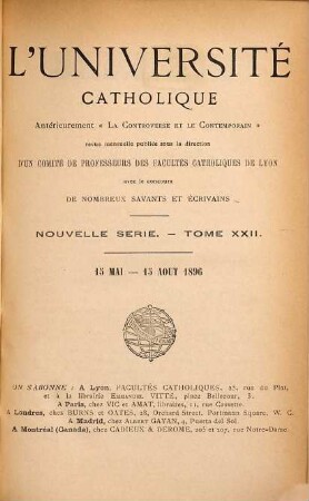 L' Université catholique. 22. 1896