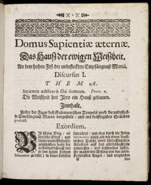 Discursus I. Domus Sapientiæ æternæ. Das Hauß der ewigen Weißheit