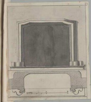 Kamin, Aufriss und Grundriss : Kamin, Aufriss und Grundriss, unbekannter Zeichner, 1. Hälfte 18. Jh. Feder, Pinsel in Wasserfarbe/Papier. 20,8 x 17,8 cm. Maßstab ohne Maßeinheit (2 Einheiten=8,7 cm).