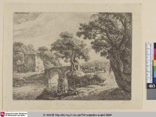 [Eine Rinderherde nahe iner Brücke; Herd near a stone bridge]