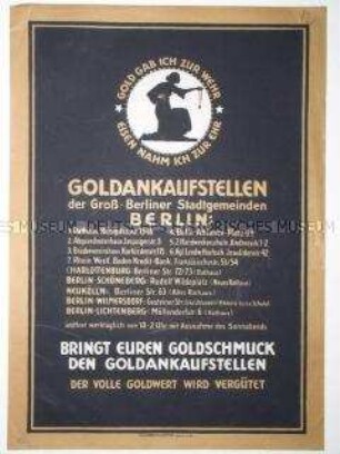 Flugblatt mit einer Liste der Goldankaufstellen in Berlin und dem Aufruf, das Gold dahin zu bringen