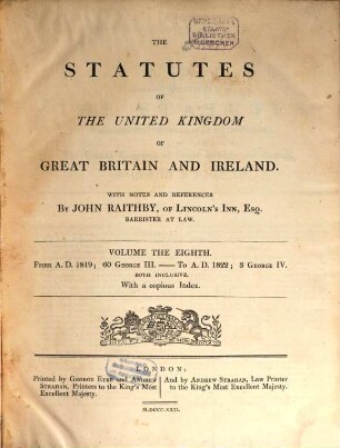 The statutes of the United Kingdom of Great Britain and Ireland. 26, 26 = Vol. 8. 1819/22 (1822)
