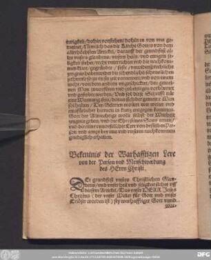 Bekentnis der Warhafftigen Lere von der Person und Menschwerdung des Herrn Christi.