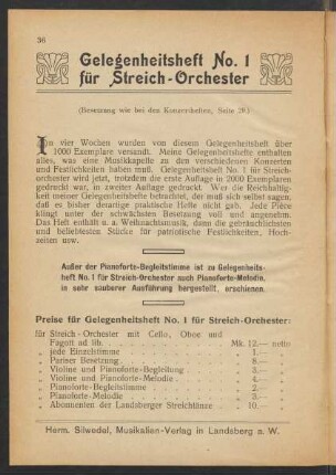 Gelegenheitsheft No. 1 für Streich-Orchester