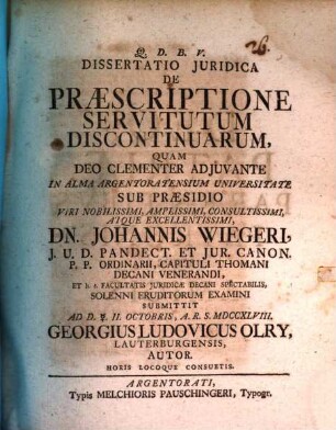 Diss. iur. de praescriptione servitutum discontinuarum