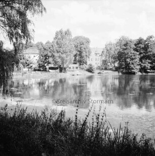 Mühlenteich: Blick von Süden Am Mühlenteich auf gegenüberliegendes Ufer: hinten links zwischen Bäumen Elektriziätswerk Reinbek-Wentorf GmbH [später: e-werk Sachsenwald]: hinten rechts Schloss Reinbek hinter Bäumen: vorn Gräser und links Baumzweige