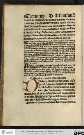 Iste est sextus tractatus parvorum logicalium Petri Hyspani in quo determinat [de sexta proprietate termini que est distributio...]