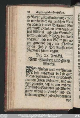 Der XX. Artickel. Vom Glauben und guten Wercken.