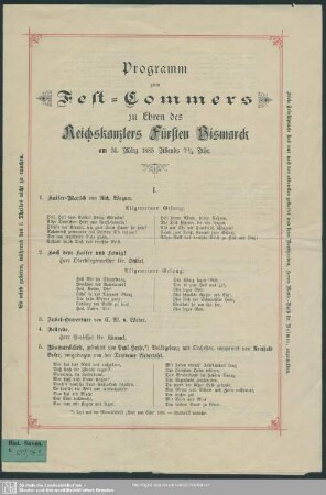 Programm zum Fest-Commers zu Ehren des Reichskanzlers Fürsten Bismarck