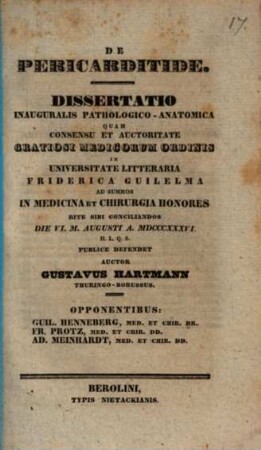 De pericarditide : dissertatio inauguralis pathologico-anatomica