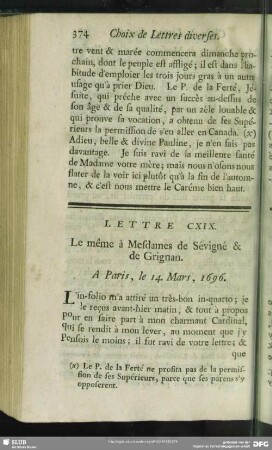 Lettre CXIX. Le même à Mesdames de Sévigné & de Grignan. A Paris, le 14. Mars, 1696