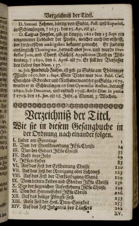 Verzeichniß der Titel, Wie sie in diesem Gesangbuche in der Ordnung nacheinander folgen.