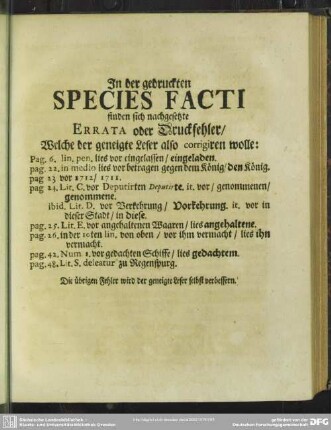 In der gedruckten Species Facti finden sich nachgesetzte Errata oder Druckfehler, Welche der geneigte Leser also corrigiren wolle
