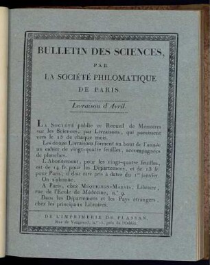 Bulletin Des Sciences, Par La Société Philomatique De Paris. Livraison d' Avril.