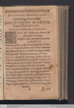 Fasciculus Duodecimus. Generoso atq[ue] Strenuo, Dno. Joan-Georgio Ab Arnim Equiti Marchiaco, &c. In Sueciam Militatum proficiscenti.