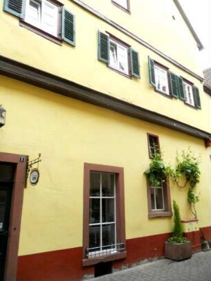 Stadtbild-Schulgasse - Hofreite (1575) - Haupthaus (Giebelständig mit verputzten Fachwerkobergeschossen) von Nordwesten in Übersicht