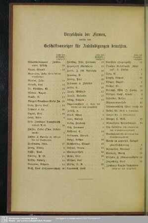 Verzeichnis der Firmen, welche den Geschäftsanzeiger für Ankündigungen benutzten