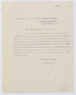 Schreiben an Karl Georg Curtius, Buchhandlung (Brief)