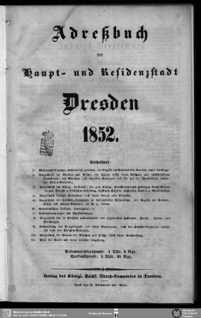 1852: Adreßbuch der Haupt- und Residenzstadt Dresden