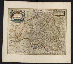Karte vom Territorium Bergamo, ca. 1:260 000, kolorierter Kupferstich, 1645 : Territorio Di Bergamo / Ioannes Ianssonius Excudit. - [Ca. 1:260.000]. - [Amsterdam] : Ioannes Ianssonius, [1645]. - 1 Kt : Kupferst ; 47 x 35 cm. - Maßstab in graph. Form (Milliaria Italica communia, Milliaria Germanica communia). - W oben