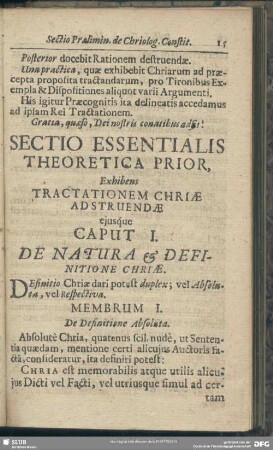 Sectio Essentialis Theoretica Prior, Exhibens Tractationem Chriae Abstruendae
