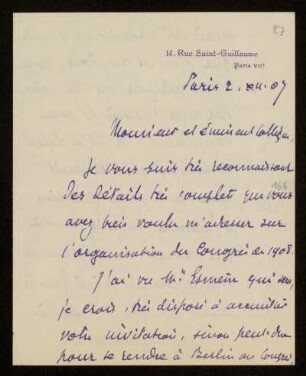 87: Brief von Raymond Saleilles an Otto von Gierke, Paris, 2.12.1907