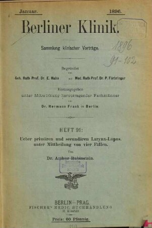 Berliner Klinik : Sammlung klin. Vorträge. 1896 = Nr. 91 102