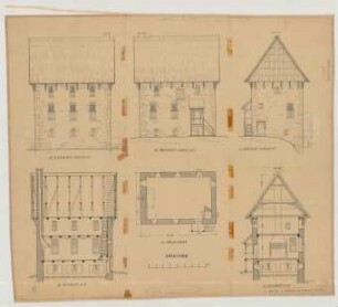 Nordwalde (Kreis Steinfurt): Hof Pröbsting. Speicher (Grundriss, Ansichten, Schnitte)