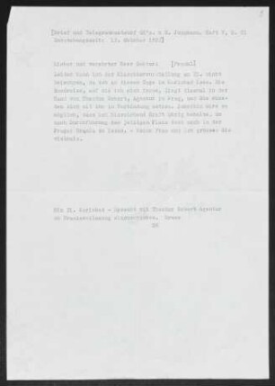 Brief von Gerhart Hauptmann an Oskar Frankl