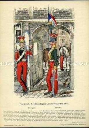 Uniformdarstellung, Trompeter und Lancier des Chevauleger-Lancier-Regiments, Kaiserreich Frankreich, 1812.