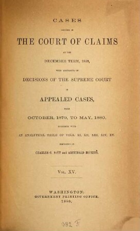 Cases decided in the United States Court of Claims. 15. 1879/80, Oct. - May. - 1880
